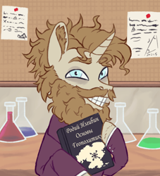 Size: 1000x1100 | Tagged: safe, artist:mr.catfish, oc, oc:rhodium izgibin, pony, unicorn, eaw redux, equestria at war mod, bags under eyes, beard, blue eyes, book, curly hair, cyrillic, detailed background, ear fluff, facial hair, flask, holding hooves, laboratory, male, moustache, russian, russian meme, smiling, solo, stalliongrad