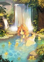 Size: 2867x4000 | Tagged: safe, artist:tyutya, oc, bird, duck, pegasus, pony, female, forest, mare, nature, solo, tree, water, waterfall, wings
