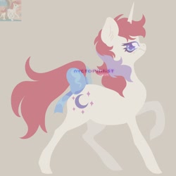 Size: 2048x2048 | Tagged: safe, artist:nyctophilist, derpibooru exclusive, moondancer (g1), pony, unicorn, g1, my little pony 'n friends, rescue at midnight castle, blue ribbon, crescent moon, female, frown, full body, grumpy, high res, lineless, mare, moon, pastel, raised hoof, red mane, solo, white coat