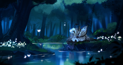 Size: 5000x2657 | Tagged: safe, oc, butterfly, pony, butterfly wings, female, forest background, mare, solo, water, wings
