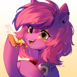 Size: 2937x2937 | Tagged: safe, artist:tyutya, oc, oc only, earth pony, pony, ear piercing, earring, female, food, headphones, high res, jewelry, mare, open mouth, piercing, pizza, solo, tongue out