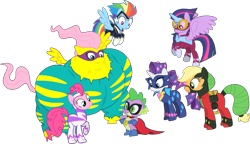 Size: 1555x896 | Tagged: safe, artist:pascalmulokozi2, edit, edited screencap, screencap, applejack, fluttershy, pinkie pie, rainbow dash, rarity, spike, twilight sparkle, alicorn, dragon, earth pony, pegasus, pony, unicorn, g4, power ponies (episode), season 4, clothes, hand on hip, mane six, not a vector, pose, power ponies, simple background, smiling, superhero, superhero costume, together, torn clothes, twilight sparkle (alicorn)