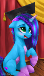 Size: 1750x3000 | Tagged: safe, artist:darksly, misty brightdawn, pony, unicorn, g5, atg 2023, blushing, curtains, cute, eyebrows, female, freckles, graduation, graduation cap, happy, hat, high res, horn, mare, mistybetes, newbie artist training grounds, open mouth, open smile, raised hoof, sitting, smiling, solo, stage, unshorn fetlocks