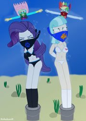 Size: 828x1159 | Tagged: safe, artist:robukun, coco pommel, fluttershy, rainbow dash, rarity, human, equestria girls, g4, arm behind back, asphyxiation, bikini, bikini bottom, bikini top, bondage, bound and gagged, bra, breasts, bubble, cement shoes, chained, chains, cloth gag, clothes, crepuscular rays, damsel in distress, drowning, eyes closed, flowing mane, gag, gloves, goggles, humanized, long gloves, markings, mask, ocean, over the nose gag, panties, rescue, seaweed, stockings, swimming, swimsuit, thigh highs, tied up, underwater, underwear, water