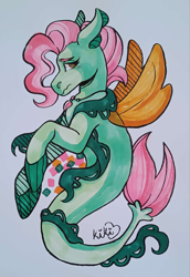 Size: 1724x2502 | Tagged: safe, artist:monnarcha, oc, oc only, seapony (g4), fin wings, fins, fish tail, floppy ears, flowing mane, flowing tail, gray background, jewelry, male, necklace, ocean, sad, scales, seaweed, signature, simple background, solo, spread wings, swimming, tail, traditional art, underwater, water, wings, worried