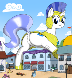 Size: 1999x2156 | Tagged: safe, artist:qkersnll, pony, unicorn, armor, belly, body armor, butt, crush fetish, dialogue, featureless crotch, female, fetish, giantess, guardsmare, helmet, hoof shoes, macro, mare, plot, royal guard, size difference, underhoof