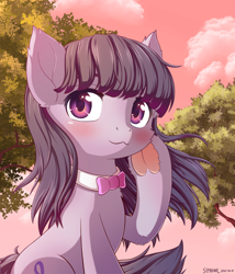 Size: 1800x2100 | Tagged: safe, artist:symbianl, octavia melody, earth pony, pony, g4, blushing, bowtie, cloud, colored underhoof, cute, eyebrows, female, frog (hoof), heart, hoof heart, looking at you, mare, outdoors, raised hoof, signature, sky, smiling, smiling at you, solo, sunset, tavibetes, tree, underhoof
