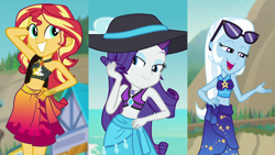 Size: 3416x1920 | Tagged: safe, edit, screencap, rarity, sunset shimmer, trixie, equestria girls, equestria girls specials, g4, my little pony equestria girls: better together, my little pony equestria girls: forgotten friendship, adorasexy, arm behind head, bag, beach, beach babe, belly button, bikini, bikini babe, bikini top, bowtie, clothes, comparison, cropped, cute, diatrixes, female, geode of empathy, geode of shielding, hand on hip, happy, hat, magical geodes, midriff, pose, raribetes, sarong, sexy, shimmerbetes, shoulder bag, skirt, smiling, stomach, stupid sexy rarity, stupid sexy sunset shimmer, stupid sexy trixie, sultry pose, sun hat, sunglasses, sunset selfie, swimsuit, trio, trio female