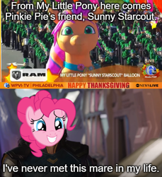 Size: 500x545 | Tagged: safe, pinkie pie, sunny starscout, earth pony, pony, g4, g5, abc, holiday, i've never met this man in my life, loki, mane stripe sunny, marvel, marvel cinematic universe, meme, parade, parade balloon, ram (company), thanksgiving, thor