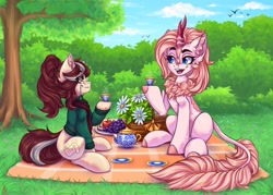 Size: 3500x2500 | Tagged: safe, artist:falafeljake, oc, oc only, oc:isadora inkwell, oc:tinder blossom, earth pony, kirin, pony, apple, basket, bush, clothes, cloven hooves, cup, duo, duo female, ear fluff, earth pony oc, eyebrows, female, flower, food, glasses, grapes, grass, high res, hoodie, horn, kirin oc, looking at each other, looking at someone, mare, open mouth, open smile, outdoors, picnic, picnic basket, picnic blanket, plate, sitting, smiling, smiling at each other, tail, teacup, tree, unshorn fetlocks