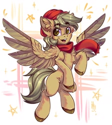 Size: 1700x1900 | Tagged: safe, artist:falafeljake, oc, oc only, oc:coffee coat, pegasus, pony, chest fluff, clothes, ear fluff, eyebrows, eyebrows visible through hair, flying, hat, looking at you, male, open mouth, open smile, pegasus oc, scarf, smiling, smiling at you, solo, spread wings, stallion, unshorn fetlocks, wings
