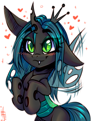 Size: 1200x1600 | Tagged: safe, artist:falafeljake, queen chrysalis, changeling, changeling queen, g4, bipedal, blushing, buzzing wings, cute, cutealis, fangs, female, happy, heart, horn, one ear down, signature, simple background, sketch, slit pupils, solo, white background, wings