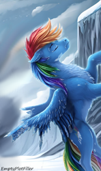 Size: 1506x2544 | Tagged: safe, ai assisted, ai content, artist:emptyplotfiller, edit, editor:emptyplotfiller, generator:perchance, rainbow dash, pegasus, pony, fanfic:crossing the trixie bridge:a new life in the crystal empire, g4, broken wing, cloud, crystal empire, ice, wings