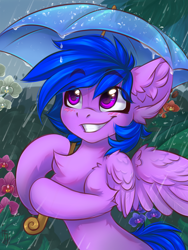 Size: 1200x1600 | Tagged: safe, artist:falafeljake, oc, oc only, pegasus, pony, blushing, chest fluff, commission, cute, ear fluff, eye clipping through hair, eyebrows, eyebrows visible through hair, flower, grin, ocbetes, outdoors, pegasus oc, rain, signature, smiling, solo, spread wings, umbrella, wings, ych result
