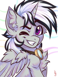 Size: 1200x1600 | Tagged: safe, artist:falafeljake, oc, oc only, oc:dark tempest, alicorn, pony, alicorn oc, chest fluff, commission, ear fluff, eyebrows, eyebrows visible through hair, grin, horn, looking at you, male, one eye closed, signature, smiling, smiling at you, solo, spread wings, stallion, wings, wink, winking at you, ych result