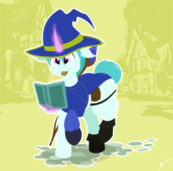 Size: 1298x1280 | Tagged: safe, artist:isaac_pony, oc, oc only, oc:tiny sapphirus, pony, unicorn, :3, aura, bag, blushing, book, clothes, cookie, cute, dungeons and dragons, femboy, food, gloves, hat, mage, magic, magic aura, male, pen and paper rpg, ponyville, rpg, simple background, solo, staff, stallion, vector, walking, wizard hat, yellow background