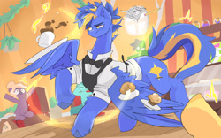 Size: 3209x2000 | Tagged: safe, artist:madiwann, oc, oc only, oc:shining trophy, pegasus, pony, pony town, bakery, bowtie, cafe, complex background, female, flying, food, high res, male, mare, muffin, raised hoof, restaurant, stallion, waitress
