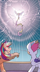 Size: 484x870 | Tagged: safe, idw, official comic, milkyway, sunny starscout, zipp storm, earth pony, pegasus, pony, wishing well nymph, g5, spoiler:comic, spoiler:g5, spoiler:g5comic, dramatic, female, lightning, magic, mane stripe sunny, mare, rain, shocked