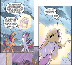 Size: 912x813 | Tagged: safe, idw, official comic, milkyway, misty brightdawn, pipp petals, sunny starscout, zipp storm, earth pony, pegasus, pony, unicorn, wishing well nymph, g5, spoiler:comic, spoiler:g5, spoiler:g5comic, spoiler:g5comic19, female, floating, magic, mane stripe sunny, mare, rain, windswept mane