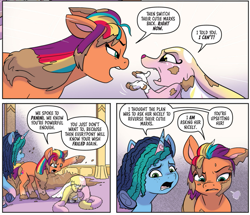 Size: 921x792 | Tagged: safe, idw, official comic, milkyway, misty brightdawn, sunny starscout, earth pony, pony, unicorn, wishing well nymph, g5, spoiler:comic, spoiler:g5comic, spoiler:g5comic19, argument, crying, female, mane stripe sunny, mare, mud, yelling