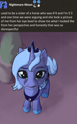 Size: 1749x2795 | Tagged: safe, artist:ciborgen, princess luna, alicorn, pony, g4, about to cry, high angle, implied princess celestia, looking at you, looking up, looking up at you, meme, ponified meme, s1 luna, smol, upset
