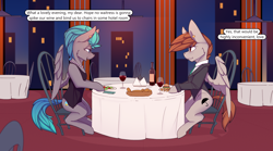 Size: 3600x2000 | Tagged: safe, artist:chapaevv, oc, oc:blackburn, oc:lockwood, pegasus, pony, comic:royal anniversary, crisis equestria, alcohol, bottle, brown mane, brown tail, burger, duo, eating, food, glass, gray coat, high res, jewelry, male, male oc, mane, married couple, pegasus oc, pony oc, restaurant, ring, sitting, speech bubble, stallion oc, sternocleidomastoid, tail, tempting fate, text, wine, wine bottle, wine glass, wings