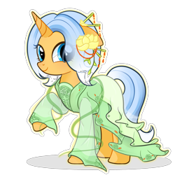 Size: 2048x2048 | Tagged: safe, artist:miwq, derpibooru exclusive, oc, oc only, oc:aurore soleilevant, pony, unicorn, 2024 community collab, derpibooru community collaboration, china, clothes, hanfu, high res, horn, looking at you, orange coat, robe, simple background, smiling, solo, transparent background
