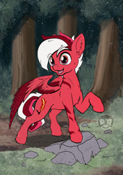 Size: 724x1023 | Tagged: safe, artist:calena, oc, oc only, oc:flamebrush, pegasus, pony, commission, cute, forest, forest background, grass, nature, open mouth, pegasus oc, raised hoof, rock, solo, tree, wings, wood