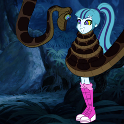 Size: 1078x1080 | Tagged: safe, artist:tyriuskishayinew14, sonata dusk, human, snake, equestria girls, g4, coils, cute, duo, female, grin, humanized, hypno eyes, hypnosis, hypnotized, kaa, kaa eyes, looking at each other, looking at someone, male, smiling, smiling at each other, sonatabetes, wrapped up