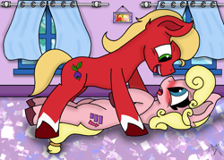 Size: 1003x720 | Tagged: safe, artist:dawkinsdalmatian, phyllis cloverleaf, sprout cloverleaf, earth pony, pony, g5, alternate hairstyle, blushing, duo, duo male and female, female, incest, looking at each other, looking at someone, male, mother and child, mother and son, ship:phyllisprout, shipping, straight, unshorn fetlocks, younger