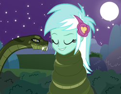 Size: 928x720 | Tagged: safe, artist:tyriuskishayinew14, lyra heartstrings, chimera, human, snake, equestria girls, g4, coils, eyes closed, female, flower, flower in hair, grin, humanized, hypno eyes, hypnosis, hypnotized, kaa eyes, moon, night, sleeping, smiling, starry night, wrapped up