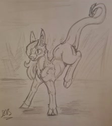 Size: 1502x1689 | Tagged: safe, artist:pinky_bestia, oc, oc only, hybrid, pony, feral, fluffy, funny, jumping, monochrome, sketch, smiling, traditional art