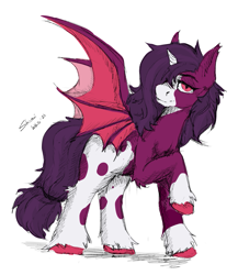 Size: 1173x1352 | Tagged: safe, artist:shamziwhite, oc, oc only, oc:velvet night, bat pony, pony, undead, unicorn, vampire, vampony, bat wings, broken horn, ear fluff, eyebrows, horn, looking at you, male, simple background, slit pupils, smiling, solo, spotted, spread wings, stallion, white background, wings