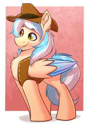 Size: 1952x2808 | Tagged: safe, artist:witchtaunter, oc, oc only, oc:lumin light, pegasus, pony, chest fluff, clothes, commission, cowboy, cute, gradient background, hat, male, smiling, stallion, vest