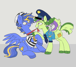 Size: 1487x1322 | Tagged: safe, artist:dimleyd, oc, oc:dreamy damsel, oc:shining trophy, blush lines, blushing, cap, clothes, criminal, cuffs, female, grin, hat, looking at each other, looking at someone, male, mare, mouth hold, oc x oc, police, police uniform, roleplaying, shipping, smiling, stallion, straight, wing hands, wings