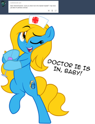 Size: 1280x1654 | Tagged: safe, artist:furrgroup, oc, oc only, oc:internet explorer, pony, ask internet explorer, bipedal, browser ponies, hat, internet explorer, nurse hat, simple background, solo, syringe, white background