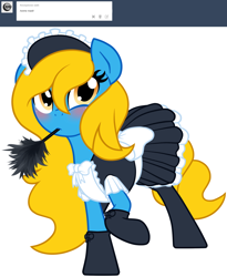 Size: 1280x1562 | Tagged: safe, artist:furrgroup, oc, oc only, oc:internet explorer, earth pony, pony, ask internet explorer, blushing, browser ponies, clothes, duster, internet explorer, maid, mouth hold, simple background, solo, white background