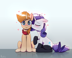 Size: 2664x2160 | Tagged: safe, artist:harukiicat, rarity, oc, oc:harry cog, pony, unicorn, g4, blushing, canon x oc, clothes, duo, eyes closed, gradient background, heart, heart eyes, high res, kissing, love, nervous sweat, sitting, socks, surprised, wingding eyes