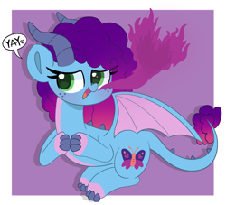 Size: 2107x1910 | Tagged: safe, artist:starbatto, misty brightdawn, dracony, dragon, hybrid, pony, unicorn, g5, blushing, commission, cute, cuteness overload, daaaaaaaaaaaw, dragon misty, dragon wings, dragoness, dragonified, female, fire, fire breath, floating heart, heart, looking away, mare, open mouth, open smile, rebirth misty, shy, smiling, solo, species swap, spread wings, wholesome, wings, yay