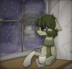 Size: 1950x1870 | Tagged: safe, artist:_alixxie_, oc, oc only, oc:cora, flutter pony, clothes, reflection, sad, scarf, snow, snowfall, solo, striped scarf, tree, window