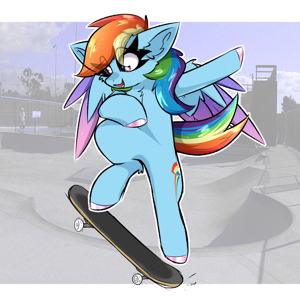 [bipedal,chest fluff,female,g4,human,mare,open mouth,pegasus,rainbow dash,safe,skateboard,skateboarding,solo,wings,ear fluff,eye clipping through hair,colored hooves,smiling,colored wings,spread wings,colored wingtips,open smile,artist:jubyskylines,skatepark,human in background]
