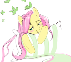 Size: 4000x3484 | Tagged: safe, artist:jorachan, fluttershy, butterfly, pegasus, pony, g4, blushing, cute, female, high res, lidded eyes, mare, pillow, shyabetes, simple background, solo, white background