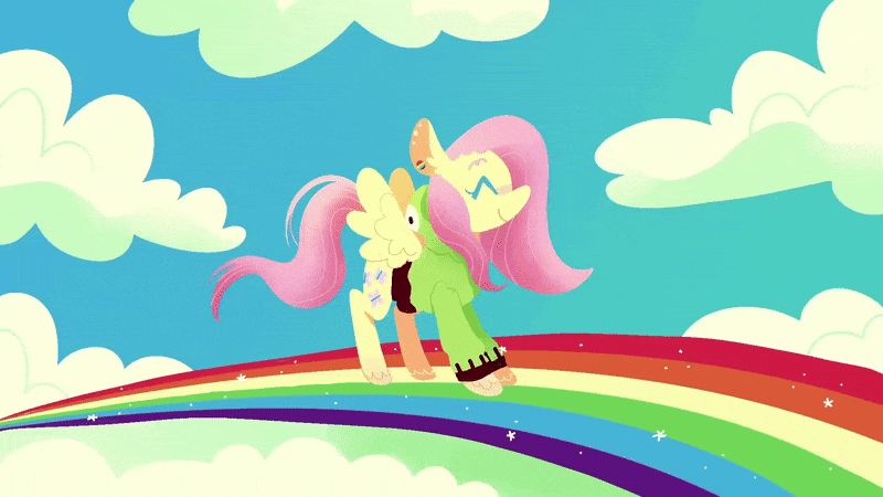 [animated,clothes,cloud,cute,eyes closed,female,fluttershy,g4,gif,gir,happy,hoodie,invader zim,jumping,mare,pegasus,pink fluffy unicorns dancing on rainbows,pony,prancing,rainbow,safe,solo,sparkles,wings,shyabetes,smiling,spread wings,^^,vylet pony,artist:syrupyyy,fluttgirshy,antonymph]