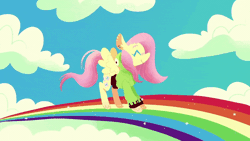 Size: 800x450 | Tagged: safe, artist:syrupyyy, fluttershy, pegasus, pony, antonymph, cutiemarks (and the things that bind us), pink fluffy unicorns dancing on rainbows, g4, ^^, animated, clothes, cloud, cute, eyes closed, female, fluttgirshy, gif, gir, happy, hoodie, invader zim, jumping, mare, prancing, rainbow, shyabetes, smiling, solo, sparkles, spread wings, vylet pony, wings