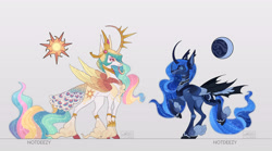 Size: 4500x2500 | Tagged: safe, artist:notdeezy, princess celestia, princess luna, alicorn, bat pony, bat pony alicorn, pony, g4, alternate design, bat wings, curved horn, duo, feathered fetlocks, female, gray background, high res, horn, horn jewelry, hybrid wings, jewelry, long feather, long muzzle, mare, peacock feathers, redesign, royal sisters, siblings, simple background, sisters, tail, tail feathers, unicorn beard, unshorn fetlocks, wings