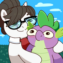 Size: 900x900 | Tagged: safe, alternate character, alternate version, artist:talimingi, raven, spike, dragon, pony, unicorn, g4, blank stare, blush sticker, blushing, commission, cute, duo, eyebrows, female, glasses, hair bun, hug, lidded eyes, looking at you, male, mare, necktie, older, older spike, raised eyebrow, ravenbetes, secretary, ship:ravenspike, shipping, smiling, smiling at you, spikabetes, straight, ych result