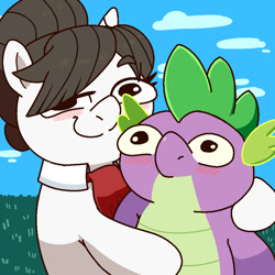 Size: 900x900 | Tagged: safe, alternate character, alternate version, artist:talimingi, raven, spike, dragon, pony, unicorn, g4, blank stare, blush sticker, blushing, commission, cute, duo, eyebrows, female, hair bun, hug, lidded eyes, looking at you, male, mare, necktie, older, older spike, raised eyebrow, ravenbetes, secretary, ship:ravenspike, shipping, smiling, smiling at you, spikabetes, straight, ych result