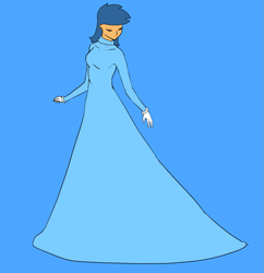 Size: 1529x1582 | Tagged: safe, artist:littleprincess38, artist:nahemii-san, first base, human, g4, adorabase, base used, blue background, blue dress, clothes, cute, dress, eyes closed, female, first base always dresses in style, gloves, gown, humanized, older, older first base, princess, princess costume, rule 63, simple background, smiling, solo