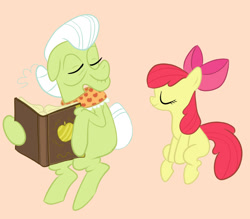 Size: 800x700 | Tagged: safe, artist:midnight-wizard, apple bloom, granny smith, earth pony, pony, g4, book, eyes closed, female, filly, foal, mare, orange background, simple background