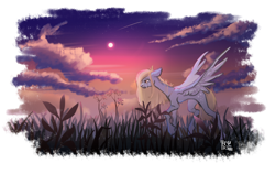 Size: 3000x1900 | Tagged: safe, artist:forcegreat, derpy hooves, pegasus, pony, g4, crying, female, flower, grass, grass field, high res, mare, solo, spread wings, sunset, wings